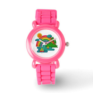 Boottochtlandschap onder de zon, wolken en regenbo horloge