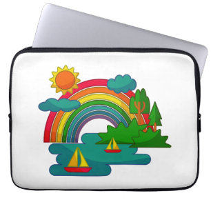 Boottochtlandschap onder de zon, wolken en regenbo laptop sleeve