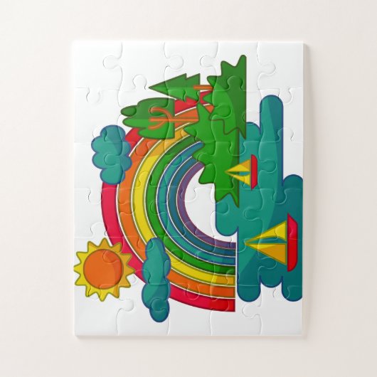 Boottochtlandschap onder de zon, wolken en regenbo legpuzzel (Verticaal)