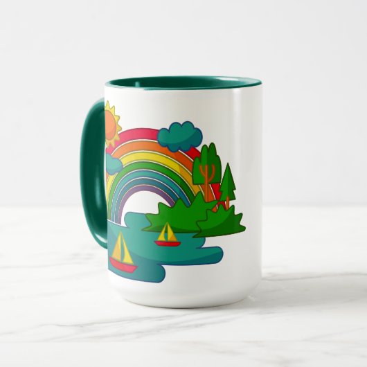 Boottochtlandschap onder de zon, wolken en regenbo mok (Voorkant links)