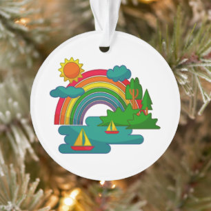 Boottochtlandschap onder de zon, wolken en regenbo ornament