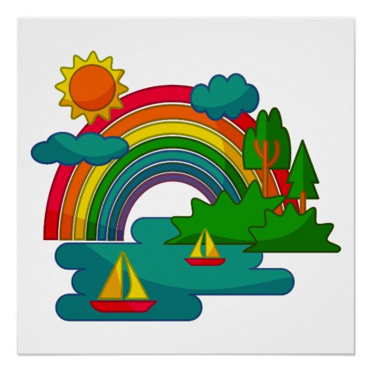 Boottochtlandschap onder de zon, wolken en regenbo perfect poster (Voorkant)