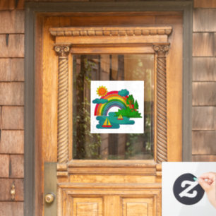 Boottochtlandschap onder de zon, wolken en regenbo raamsticker