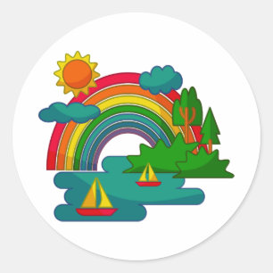 Boottochtlandschap onder de zon, wolken en regenbo ronde sticker