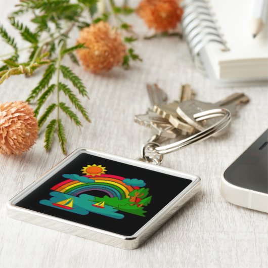 Boottochtlandschap onder de zon, wolken en regenbo sleutelhanger (Zijkant)