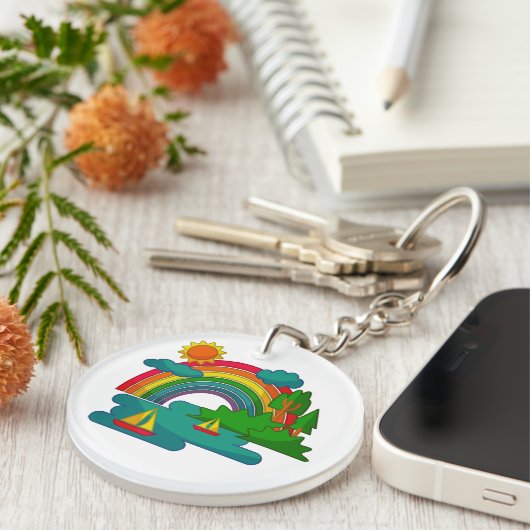 Boottochtlandschap onder de zon, wolken en regenbo sleutelhanger (Voorkant Rechts)