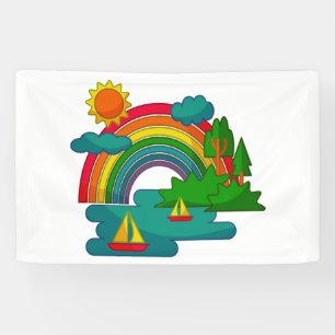 Boottochtlandschap onder de zon, wolken en regenbo spandoek