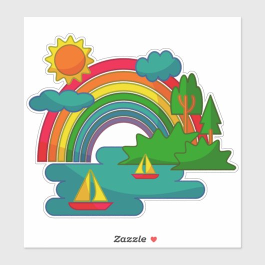 Boottochtlandschap onder de zon, wolken en regenbo sticker (Vel)