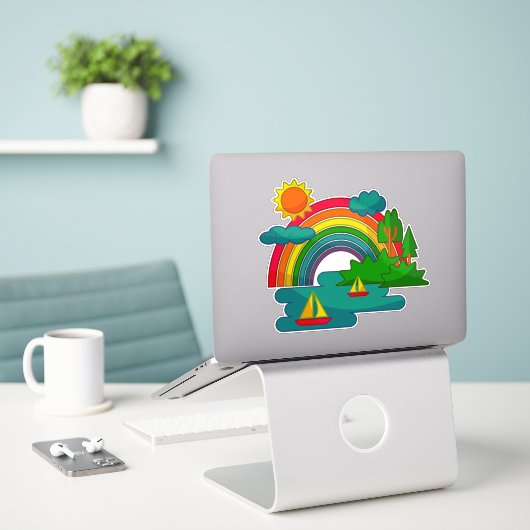 Boottochtlandschap onder de zon, wolken en regenbo sticker (Laptop op bureau)