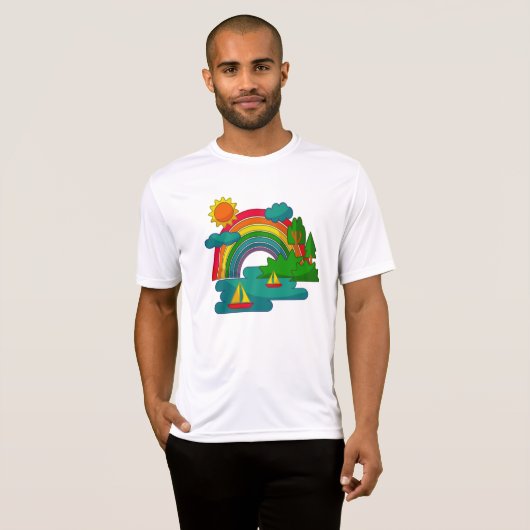 Boottochtlandschap onder de zon, wolken en regenbo t-shirt (Voorkant volledig)
