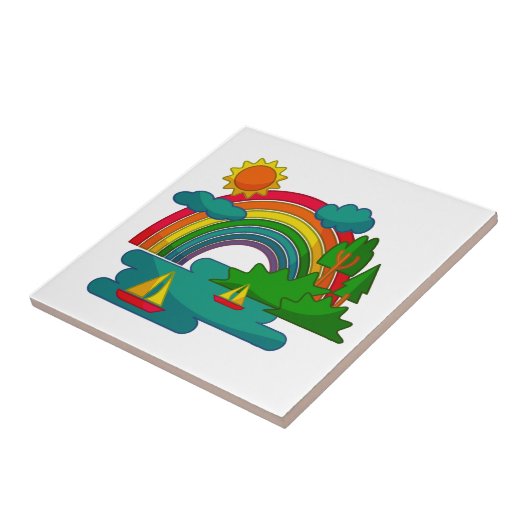 Boottochtlandschap onder de zon, wolken en regenbo tegeltje (Zijkant)