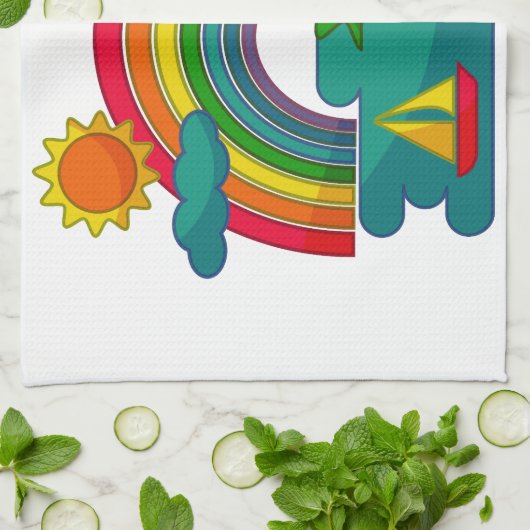 Boottochtlandschap onder de zon, wolken en regenbo theedoek (Gevouwen)