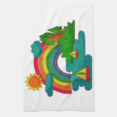 Boottochtlandschap onder de zon, wolken en regenbo theedoek (Verticaal)