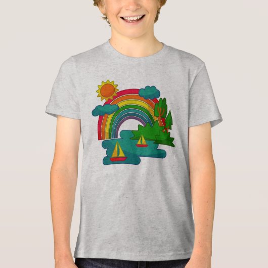 Boottochtlandschap onder de zon, wolken en regenbo Tri-Blend shirt (Voorkant)