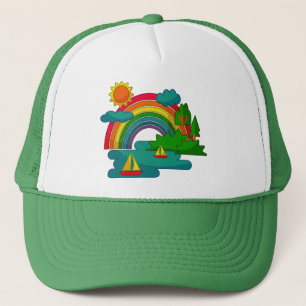 Boottochtlandschap onder de zon, wolken en regenbo trucker pet