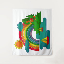 Boottochtlandschap onder de zon, wolken en regenbo wandkleed