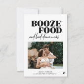 Booze eten slechte dans beweegt casual bruiloft save the date (Voorkant)