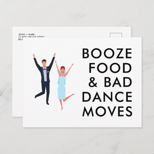 Booze, eten, slechte dans beweegt grappig genoeg o aankondigingskaart (Voorkant / Achterkant)