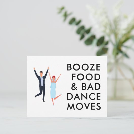 Booze, eten, slechte dans beweegt grappig genoeg o aankondigingskaart (Staand voorkant)