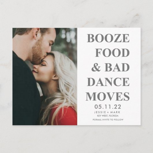 Booze, eten, slechte dans beweegt grappig genoeg o aankondigingskaart (Voorkant)