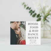Booze, eten, slechte dans beweegt grappig genoeg o aankondigingskaart (Staand voorkant)