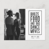Booze, eten, slechte dans beweegt grappig genoeg o aankondigingskaart (Voorkant)