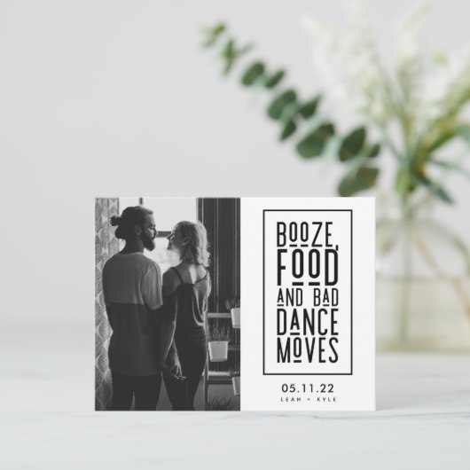 Booze, eten, slechte dans beweegt grappig genoeg o aankondigingskaart (Staand voorkant)