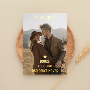 Booze Food and Bad Dance Moves Funny Save the Date Folie Uitnodiging