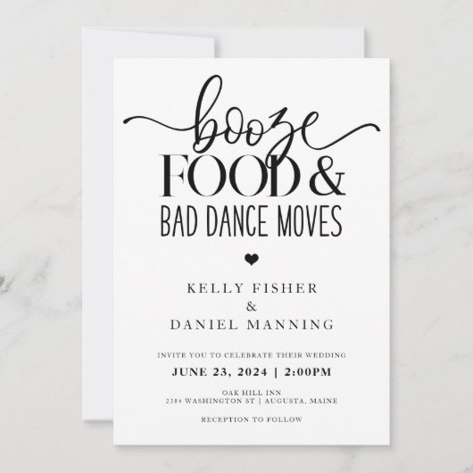 Booze Food and Bad Dance Moves Wedding Invitation Kaart (Voorkant)