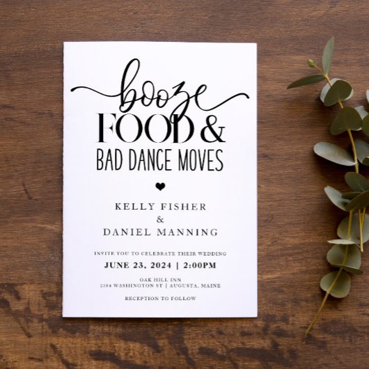 Booze Food and Bad Dance Moves Wedding Invitation Kaart