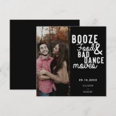 Booze Food & Bad Dance Moves Funny Date Foto Save The Date (Voorkant / Achterkant)