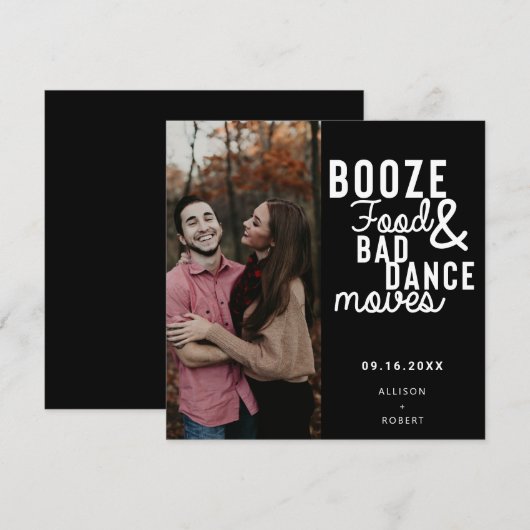 Booze Food & Bad Dance Moves Funny Date Foto Save The Date (Voorkant / Achterkant)