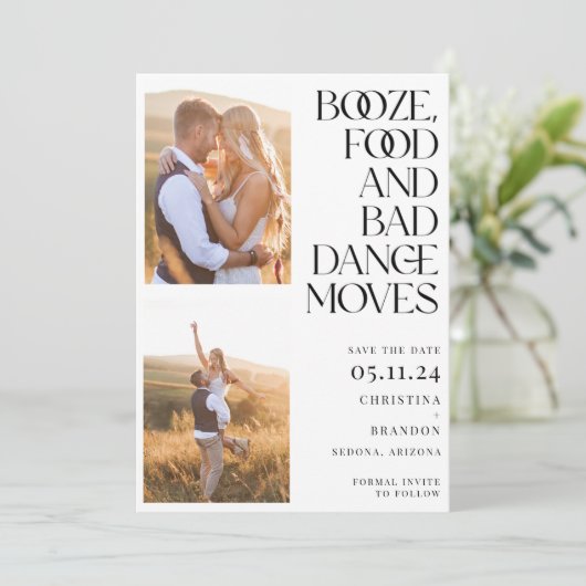 Booze Food Bad Dance Moves Photo Modern Save The Date (Staand voorkant)