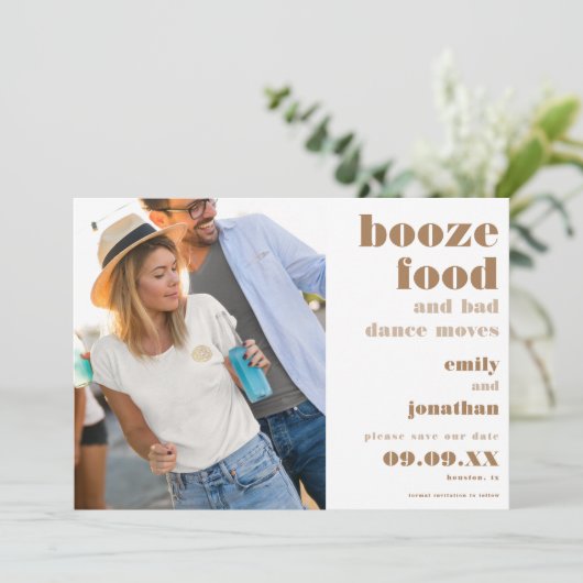Booze Food Bad Dance Moves Photo QR Code Save The Date (Staand voorkant)