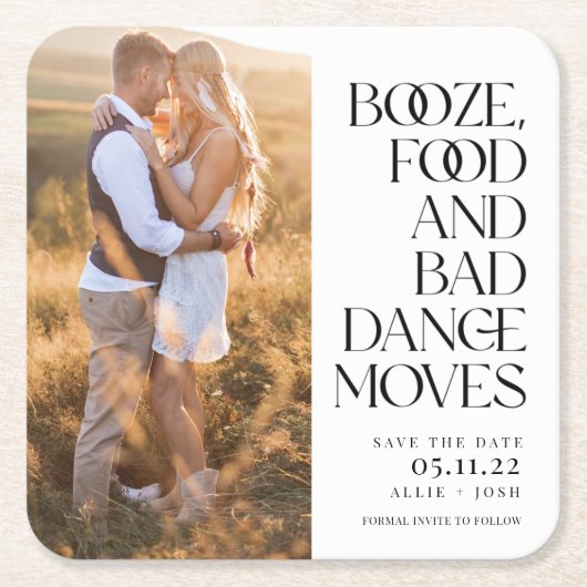 Booze Food Bad Dance Moves Photo Save the Date Kartonnen Onderzetters (Voorkant)