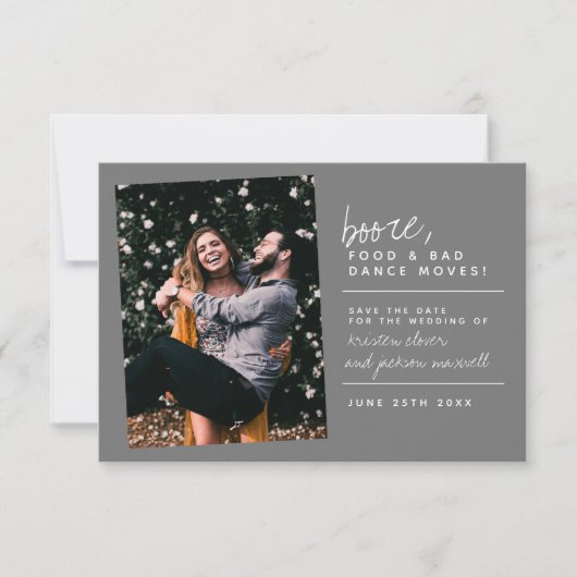 Booze Food & Bad Dance Moves Slate Grey Save The Date (Voorkant)