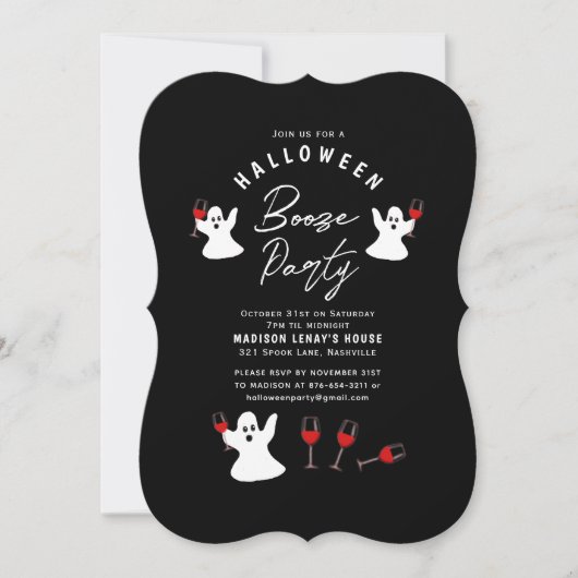 Booze Ghost Black White Halloween Party Invitation Kaart (Voorkant)