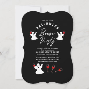 Booze Ghost Black White Halloween Party Invitation Kaart