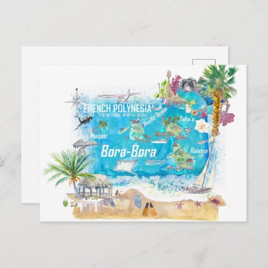 Bora Bora Islands French Polynesia Travel Map Briefkaart (Voorkant / Achterkant)