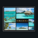 Bora Bora luxe briefkaart<br><div class="desc">Luxe briefkaart van een collage met een groot aantal foto's van stranden,  hoefdieren en acties onder water op het tropische eiland Bora Bora bij Tahiti in Frans-Polynesië in de Stille Oceaan,  in een zwart lijst met de tekst: 'Bora Bora' in gouden letters.</div>