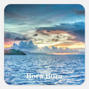 Bora Bora mooie zonsondergang, gelabeld, Vierkante Sticker
