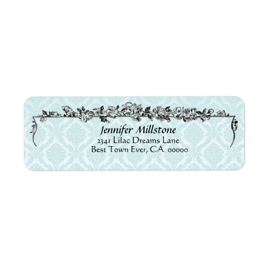 Bord Aqua Blue Damask en Flowers Adreslabel Etiket (Voorkant)
