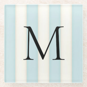 Bord Blauw & Antiek Witte Strepen Monogrammed Glazen Onderzetter