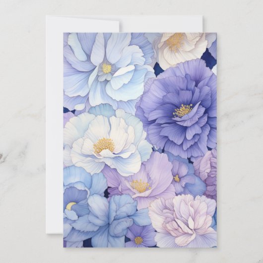 Bord blauw, crème en lavendel bloemenbruiloft kaart (Achterkant)