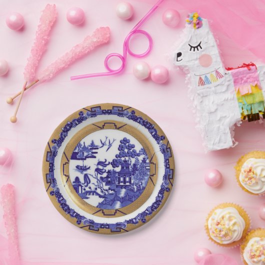 Bord Blauw en Gold Willow Pattern (Feest)