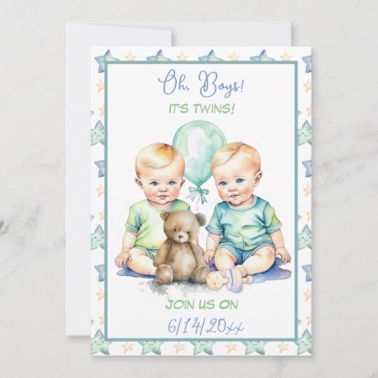 Bord Blauw en Groen Twin Boys Baby shower Kaart (Voorkant)