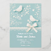Bord Blauwgroen met romantisch kant en vogelbruilo Folie Uitnodiging (Voorkant)