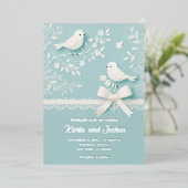 Bord Blauwgroen met romantisch kant en vogelbruilo Folie Uitnodiging (Staand Voorkant)