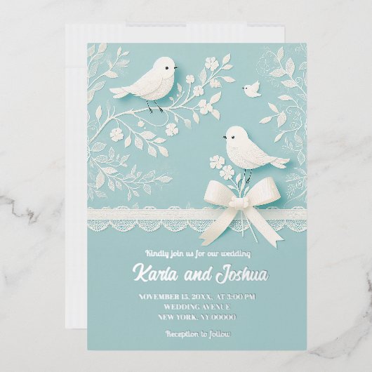 Bord Blauwgroen met romantisch kant en vogelbruilo Folie Uitnodiging (Envelop)