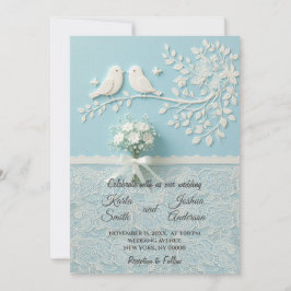 Bord Blauwgroen met romantisch kant en vogelbruilo Kaart